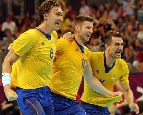 Jubel Schweden, Källman, Ekberg und Doder, SWE-DEN, Viertelfinale Olympische Spiele 2012, London 2012