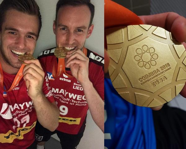 Lukas Hüller und Marvin Schreyer freuen sich über die Goldmedaille